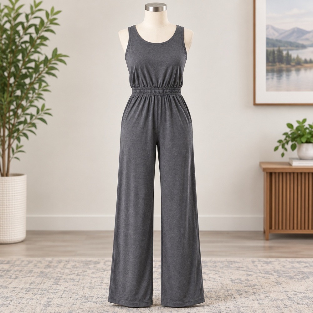 Athleta Jumpsuit Womens Small Gray Sleeveless V-Neck Drawstring Knit Loungewear